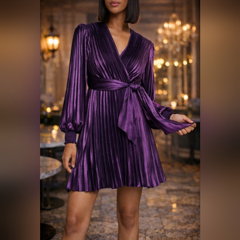 Express Metallic Pleated Mini Dress – Deep Purple, Size L